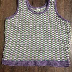 VTG 70s Sears Jr Bazaar Checkered Knit Tank Top Vest Purple Green Mod L